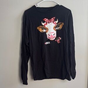 Black Long Sleeve with Cow and Red Bow